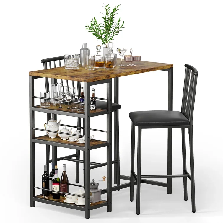 

3 Piece Dining Set with 3 Deep Storage Shelves for Placing Tableware, Cups,Snacks and Wine 2 Chairs Space Saver Bar Table Set