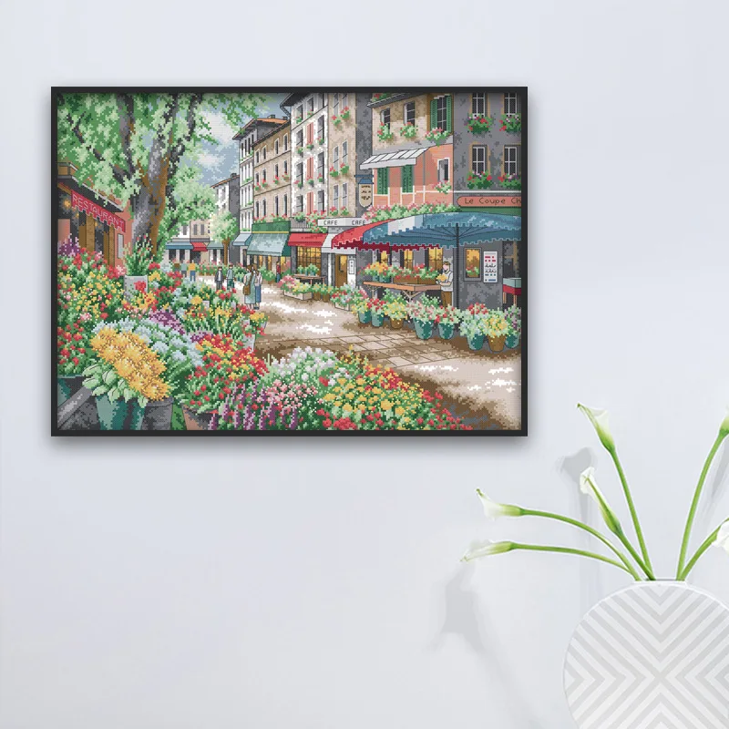 

Joy Sunday Pre-printed Cross Stitch Kit Easy Pattern Aida Stamped Fabric Embroidery Set-Paris Flower Market