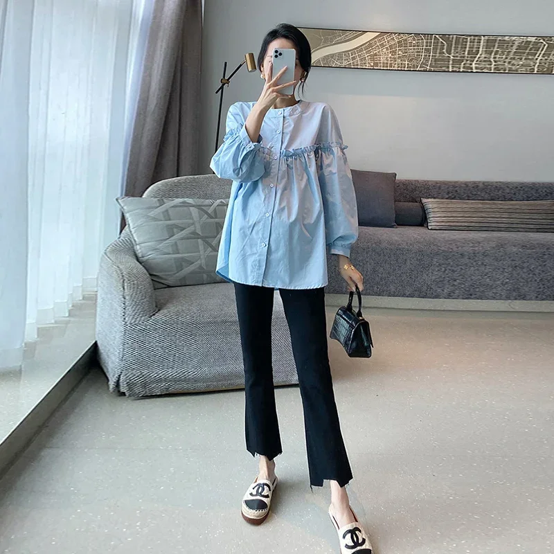 Maternity Loose Blouse Cotton Long Sleeves Stand Collar European Fashion Design Pregnant Women Blouse