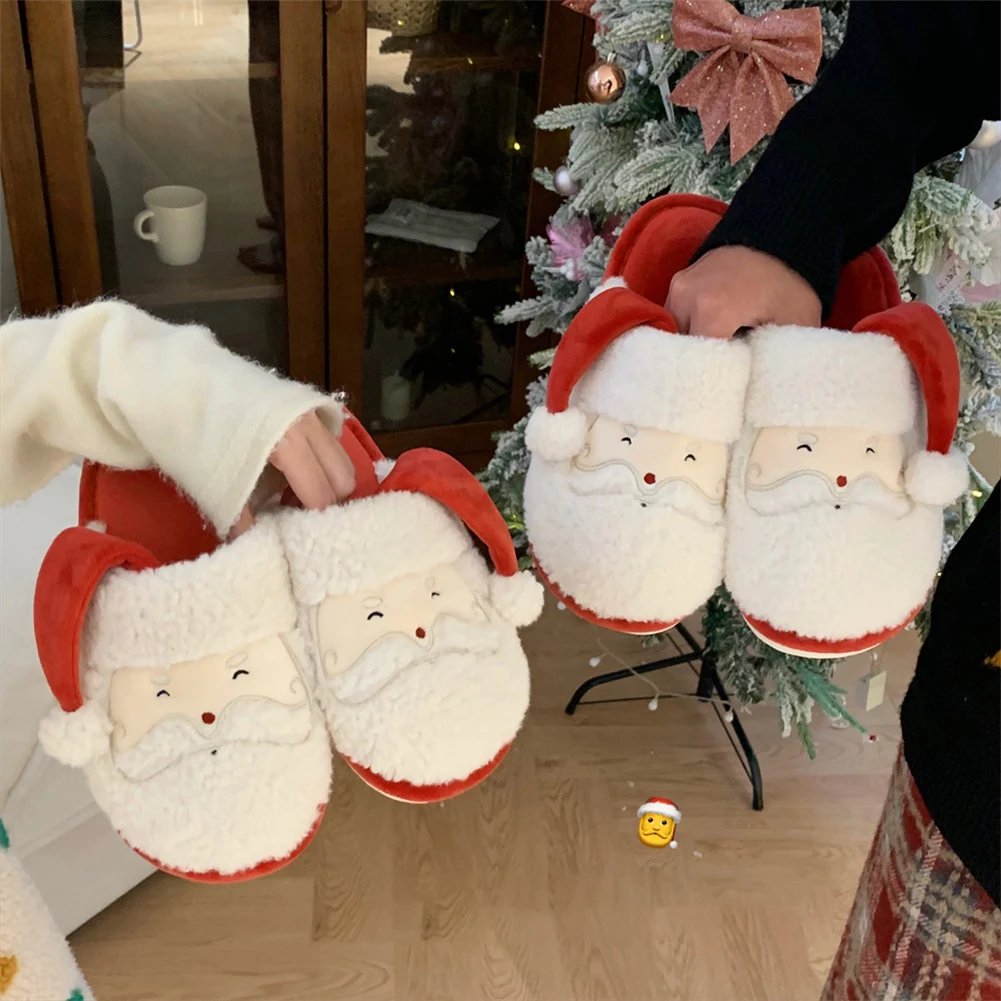 Christmas Santa Claus Slippers Flat Thermal Slippers Anti Slip Cute Furry Slippers Breathable Plush Santa Slippers for Men Women