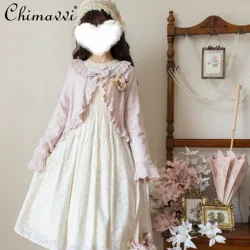 Lolita Sweet Sweater Cardigan Jacket New 2024 Autumn and Winter Cute Girl Loose Retro Long-sleeved Knitted Cardigan Y2k Coat