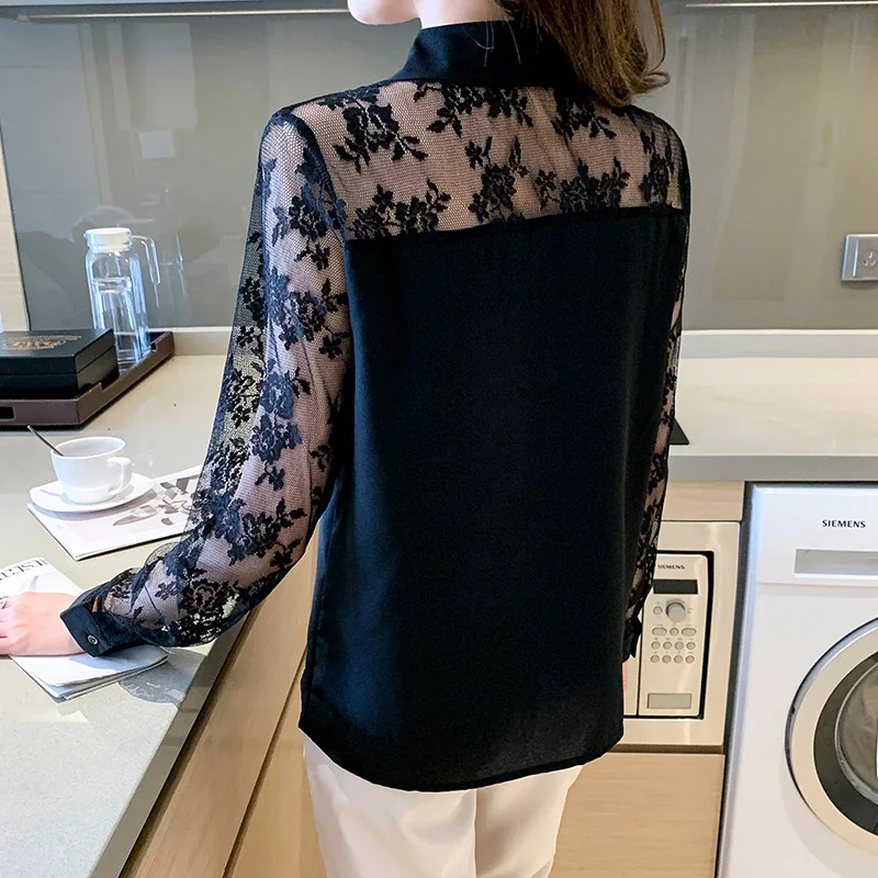 Women Clothing Elegant Turn-down Collar Lace Chiffon Shirts Spring Summer Fashion All-match Long Sleeve Blouses Casual Loose Top