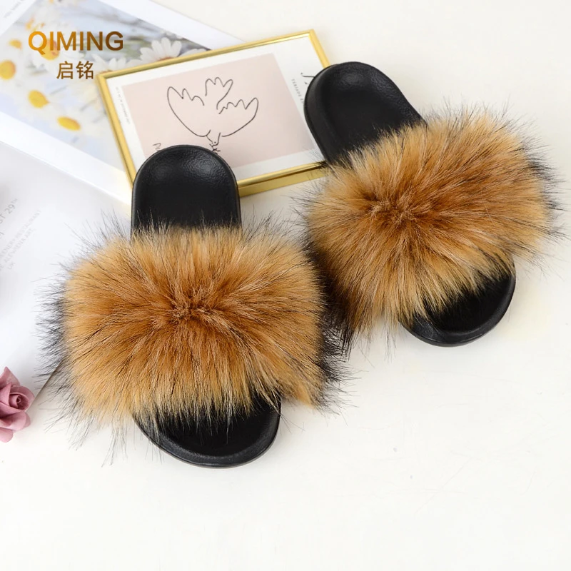 Faux Fur Slippers Summer Fur Slides For Women Furry Slippers Fluffy Sandals Open Toe Fuzzy Indoor Outdoor Shoes Plush Flip Flops