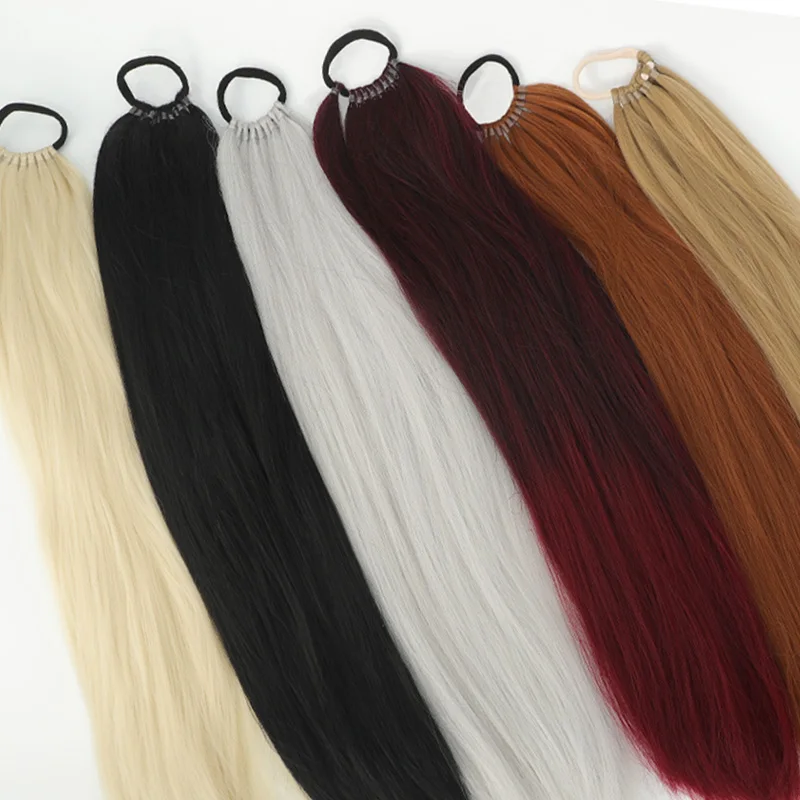 وصلة ذيل حصان صناعية سوداء طويلة ومستقيمة ومتعددة الاستخدامات مع ربطة شعر - ذيل حصان فقاعي مضفر DIY للنساء