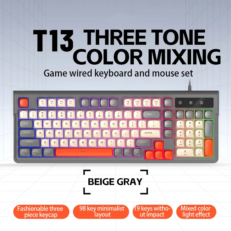 New T13 Wired Gaming Keyboard 98 Keys Three-Color PBT Keycaps 19 Anti-Ghosting RGB Mixed Backlight USB Mechanical Feel Keyboard
