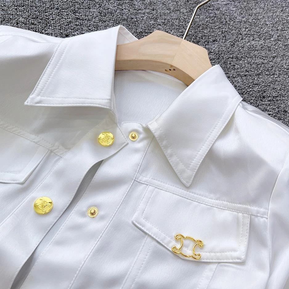 Francês elegante blusa de cetim jaqueta feminina ácido acético manga longa camisa curta topos senhora do escritório moda doce vintage streetwear