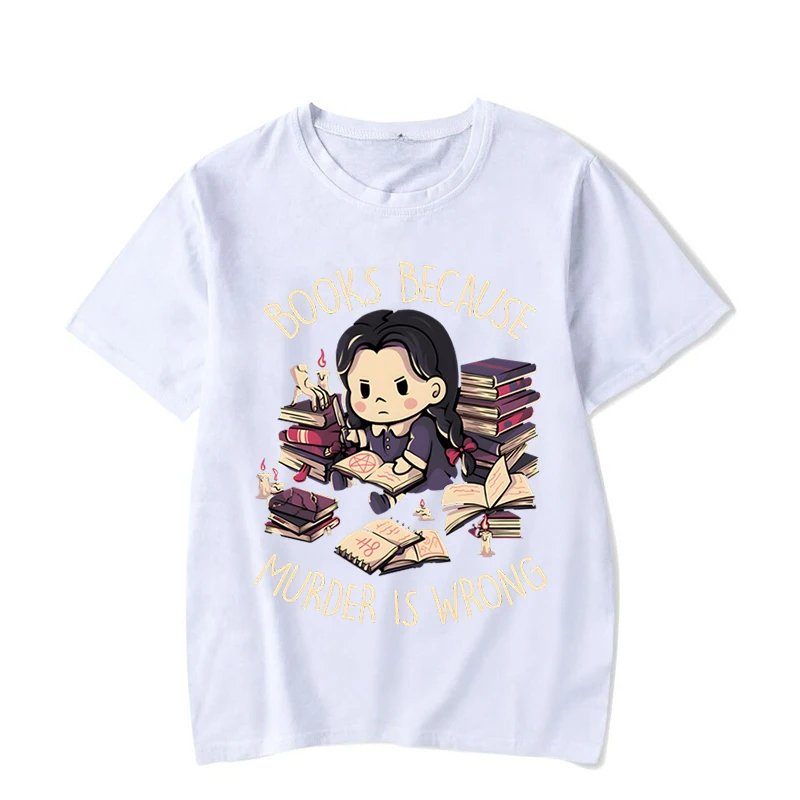 Graphic Girl T-shirt Because Murder Is Wrong Letter Women Cute Girl Read Books Short Sleeves Harajuku Fashion Cotton Study Tee