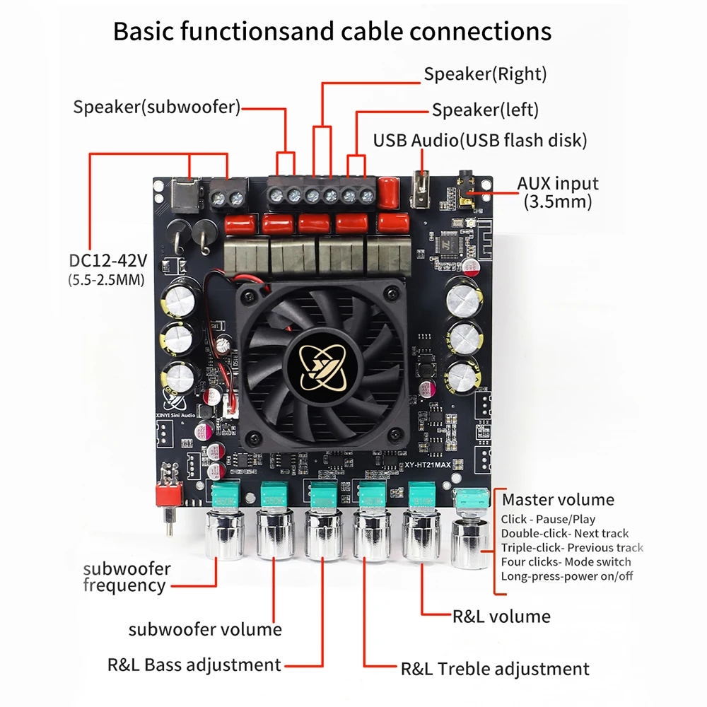 2.1 Channel Digital Audio Amplifier 200W*2+400W Dual-core TPA3223 Bluetooth Power Amplifier Upgraded XY-HT21 High Tone Subwoofer