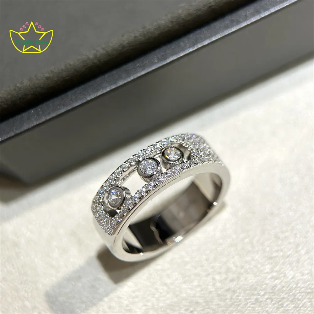 Bright Stars S925 pure silver three-diamond sliding full diamond setting ring light luxury fine jewerly