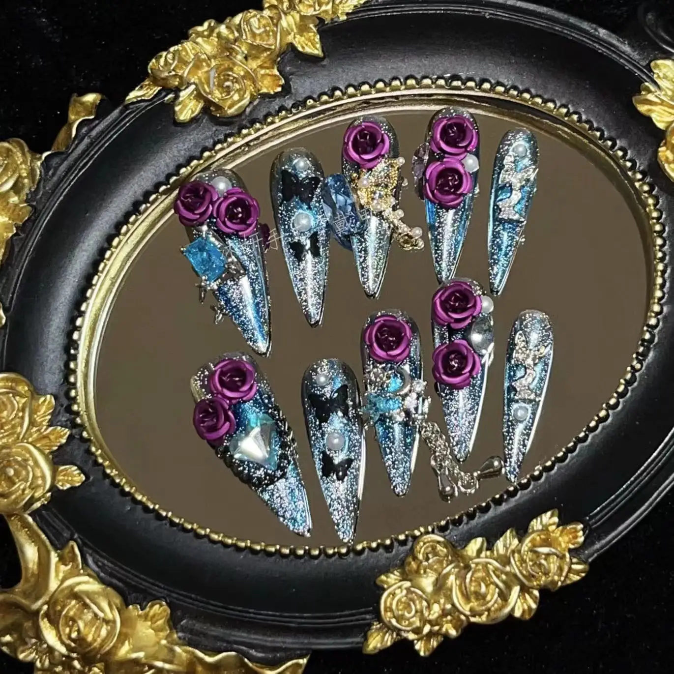Blue Purple Gothic Press On Nails with 3D Rose & Rhinestone, Stiletto Shaped Dark Sweet False Nails for Halloween Party