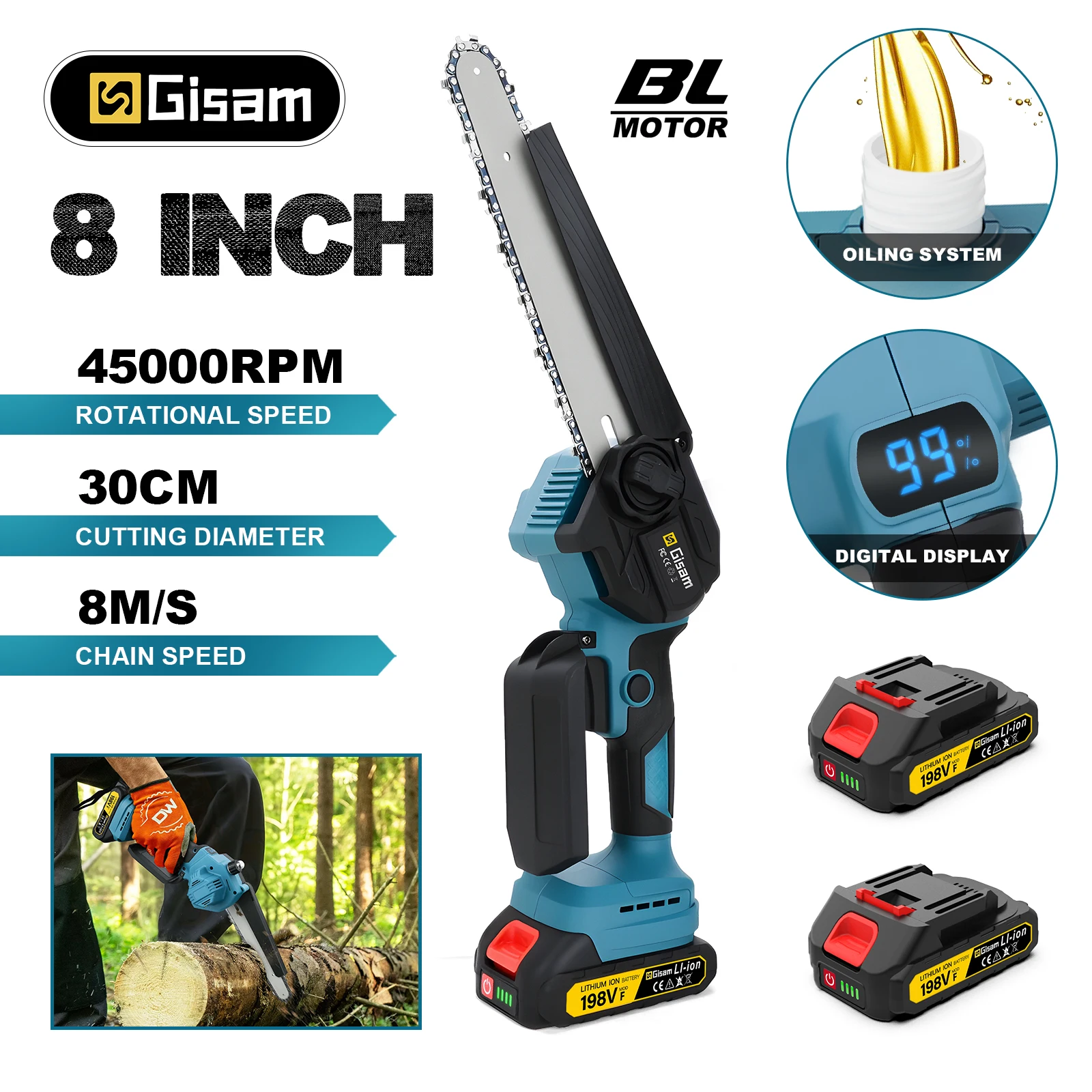 

Giasm 8" Brushlss Electric Chainsaw Powerful Portable Woodworking Eletric Saw with Automatic Oiler For makita 18v battery pins