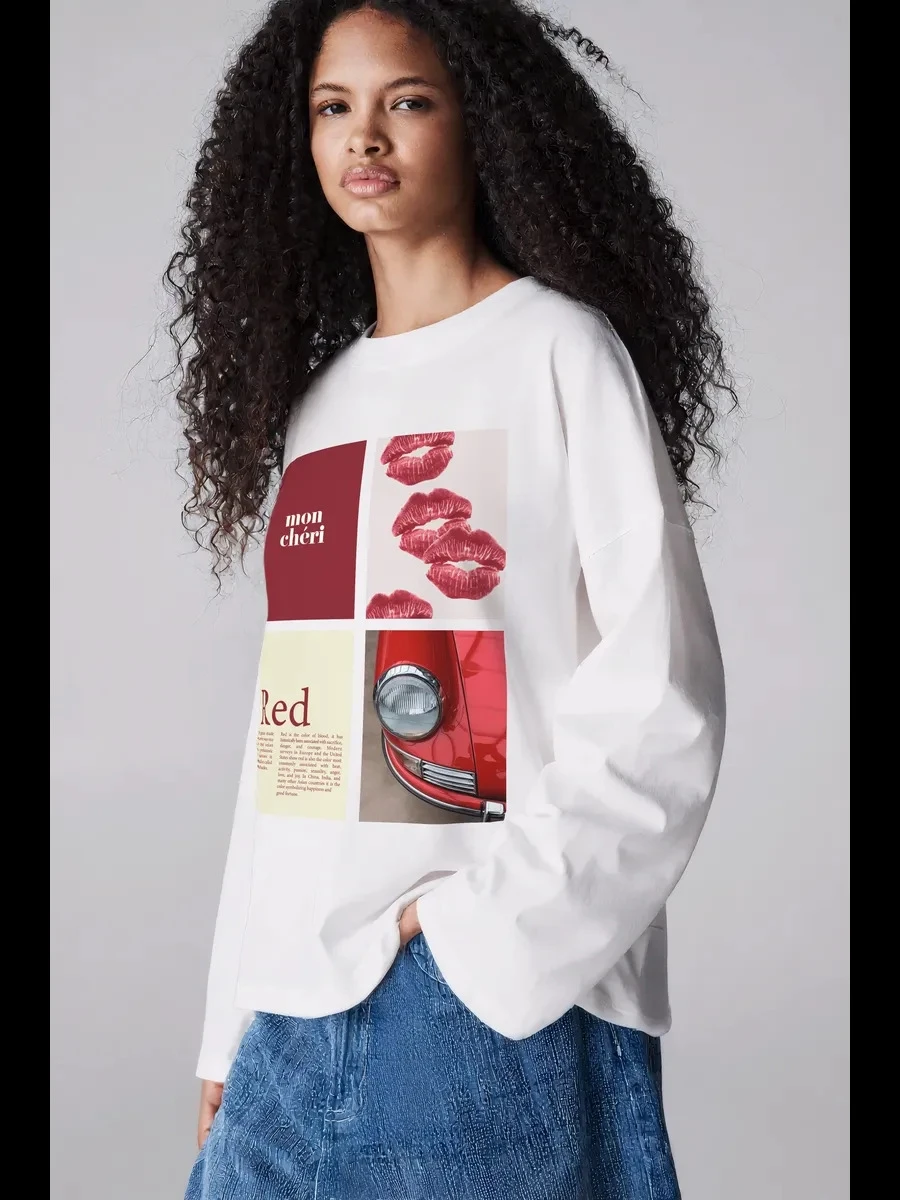 Faionable ample imprimé décontracté rond Ne Long Sve t-shirt haut femme coupe ample coton équipage Ne Sweat