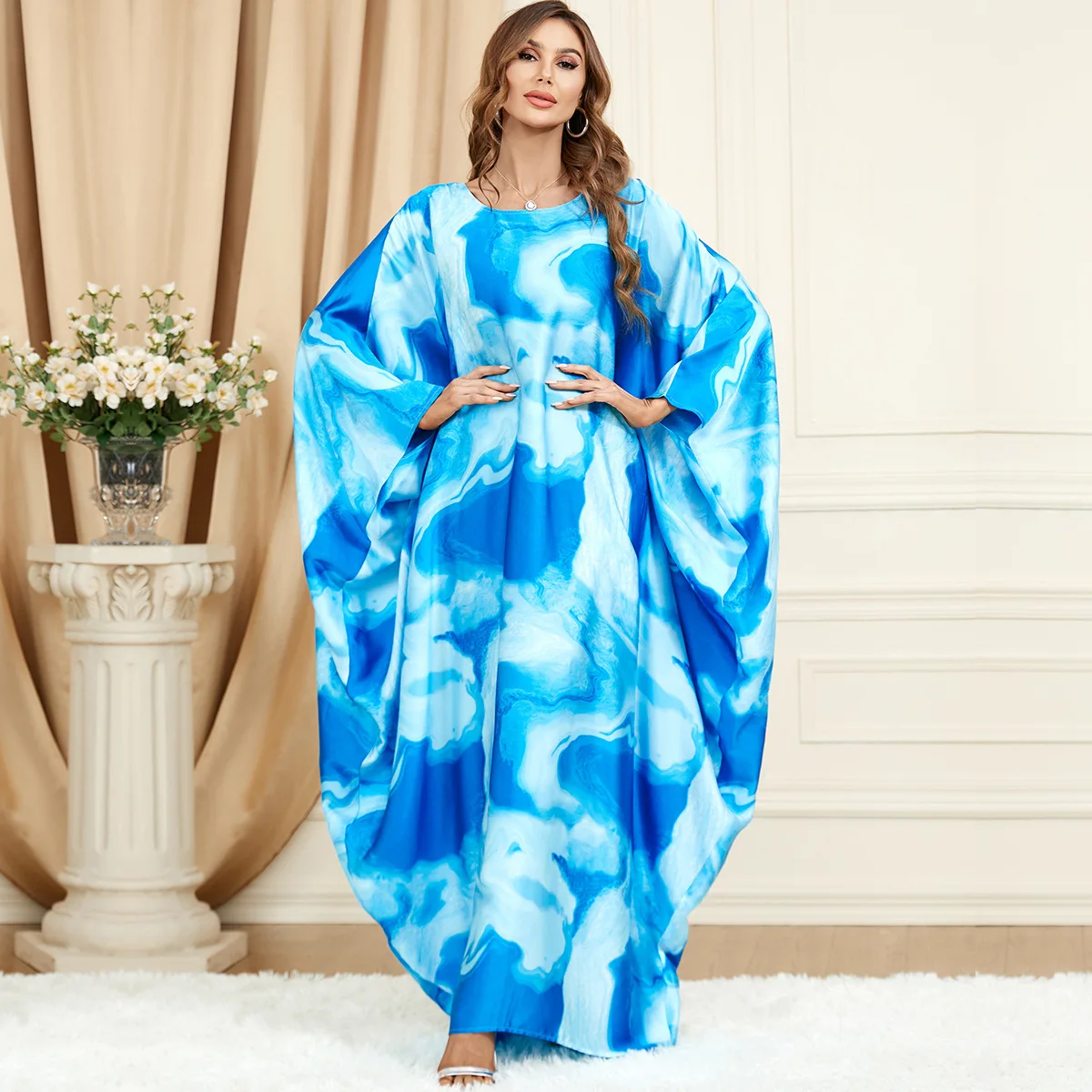 

Abayas for Women New Boho Retro Tie Dye Printed Casual Loose Bat Sleeve O-Neck Islamic Long Dress Jalabiyat Ramadan 2024 Dress