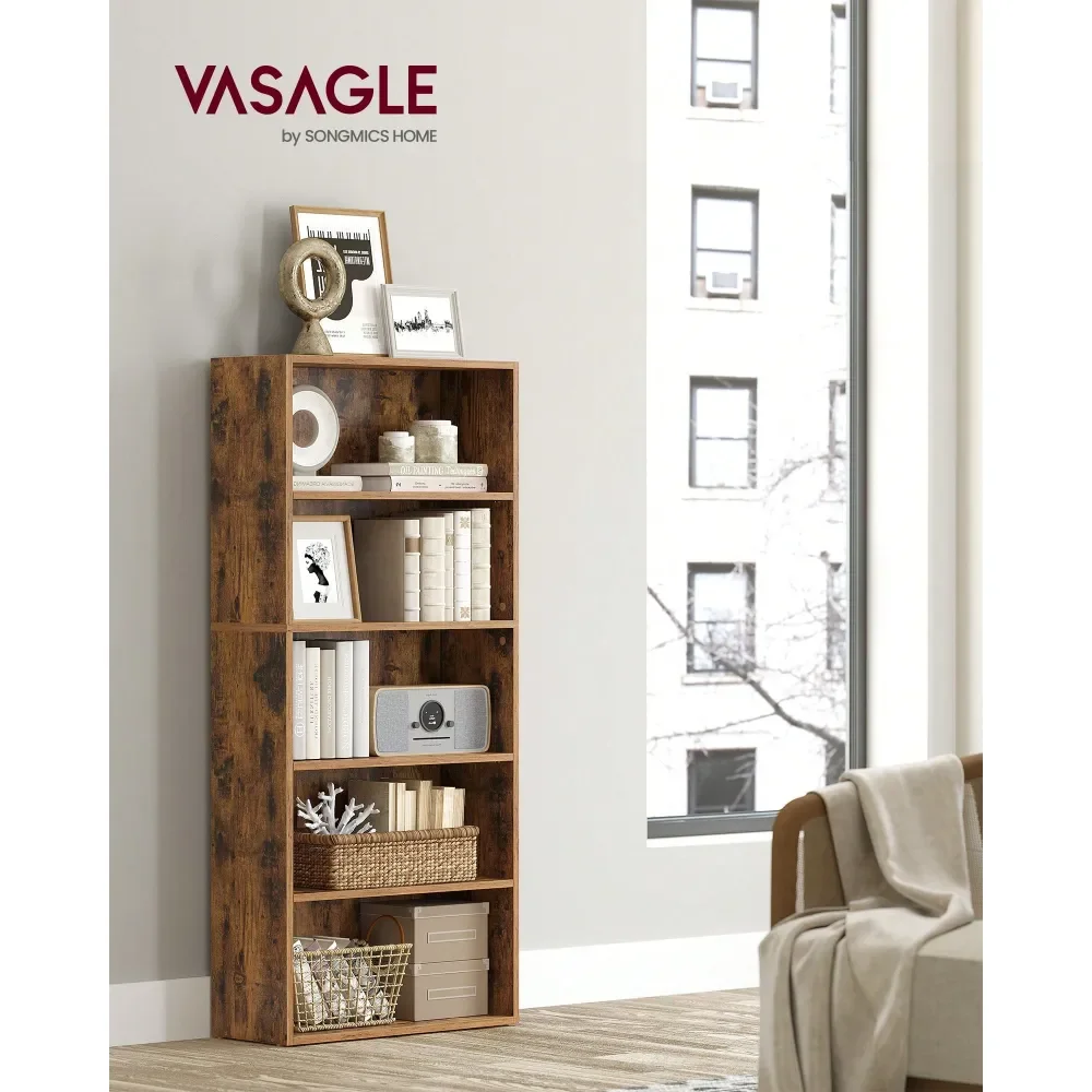 

Bookshelf, 5Tier Open Bookcase With Adjustable Storage Shelves, Floor Standing Unit, 9.4 D X 23.6 W X 52.7 H, Rustic Brown, Whi