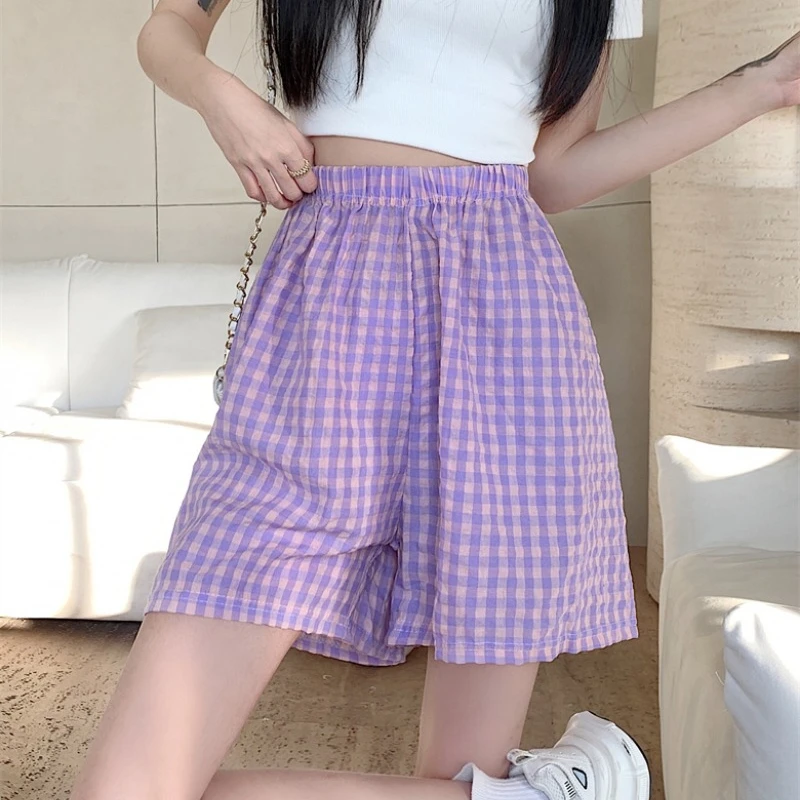 Summer 2024 New Plaid Shorts Women Korean Style Office Lady Loose Casual Thin Wide-legged Versatile Daily Short Pants Female