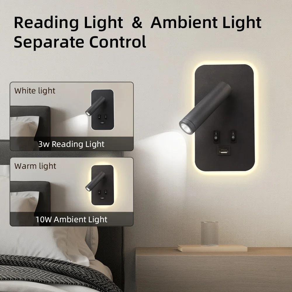 Bedside Wall Lamp LED with USB Charging Port Bedroom Night Lights Reading Lamp Rotatable Lamp Home Spotlights Led Indoor Decor