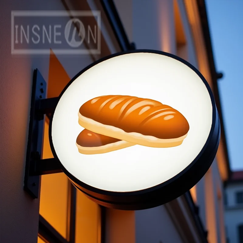Benutzerdefinierte Bäckerei Backen Runde wasserdichte Acryl LED Licht Box Outdoor Business Zeichen doppelseitige hintergrundbeleuchtete Werbung Display