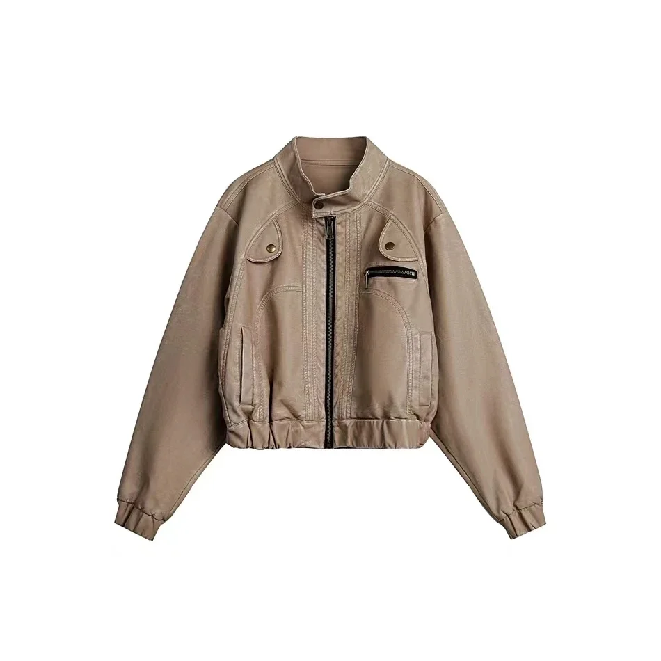 Women Vintage Bomber Jackets Faux Leather Coat Streetwear PU Moto Biker Outerwear Spring Autumn Women Leather Aviator Jackets