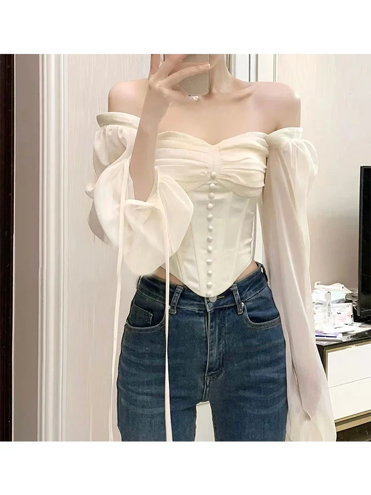 Sexy Blusas Mujer Slash Neck Off Shoulder Tunic Blouses for Women Fashion Chiffon Lantern Sleeve Shirts Crop Tops Summer Blouse