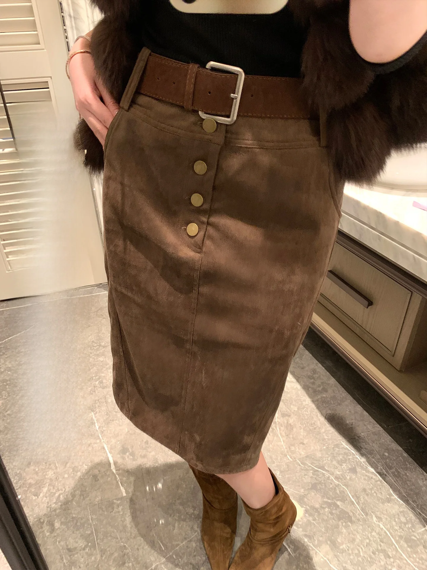 

Юбка-карандаш Chen Jin Modern Sister Vintage из замши с высокой талией, омолаживающая, для женщин и девушек