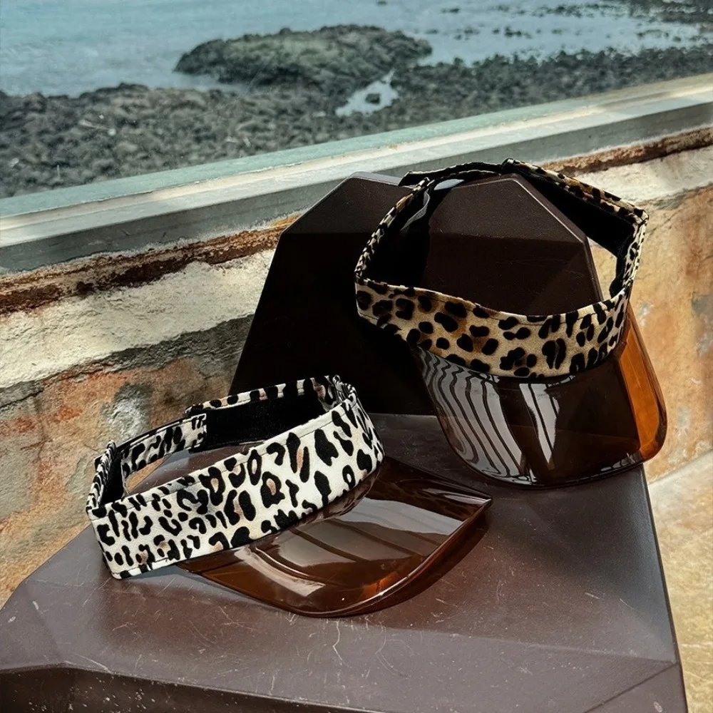 Fashion UV Protection Leopard Print Visor Cap Solid Color Sunscreen Transparent Hollow Hat Adjustable Cool Sun Hat Summer