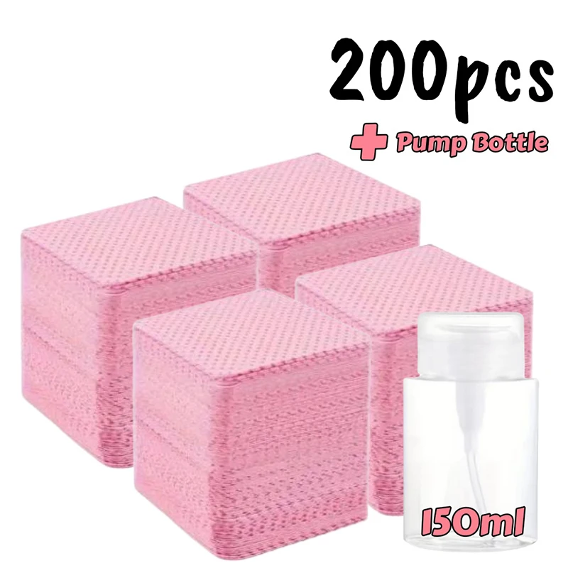 200pcs+150L bottle Lint-Free Nail Wipes Gel Cleansing Tissues Free Nail Polish Remover Pads for Beauty Cleaning Care Tool