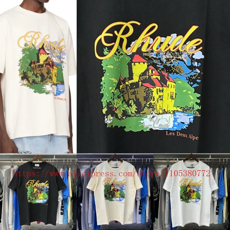 New Arrival RHUDE Men's T-Shirt Castle Graphic Print Black Cotton Crew Neck Casual Streetwear Short Sleeve Top