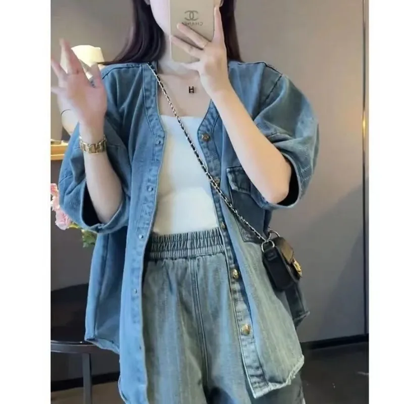 V Neck Loose Denim Shirts Short Sleeve Jacket Summer Sets Womens Outfits 2 Piece Shorts Vintage Streetwear Y2k 2024 Chic Tops