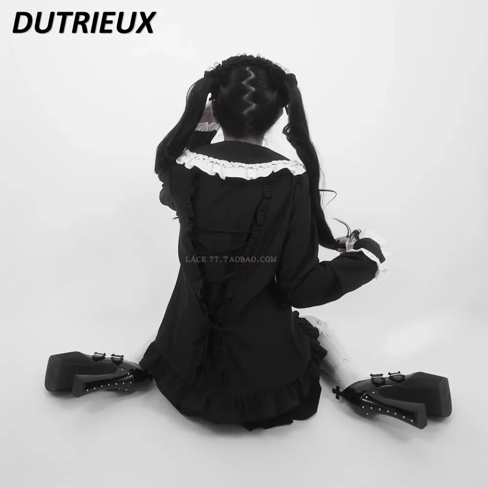 Japanese Mine Sweet Harajuku Style Lacework Big Lapel Long Sleeve Shirt Spring and Autumn New Cute Girl Color Matching Top