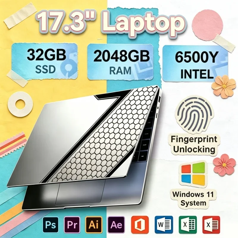 17.3" Graceful Laptops Intel 6500Y Windows 11 32GB 2TB HD Display Fingerprint Unlock Gamer Study Office Notebook Computer PC