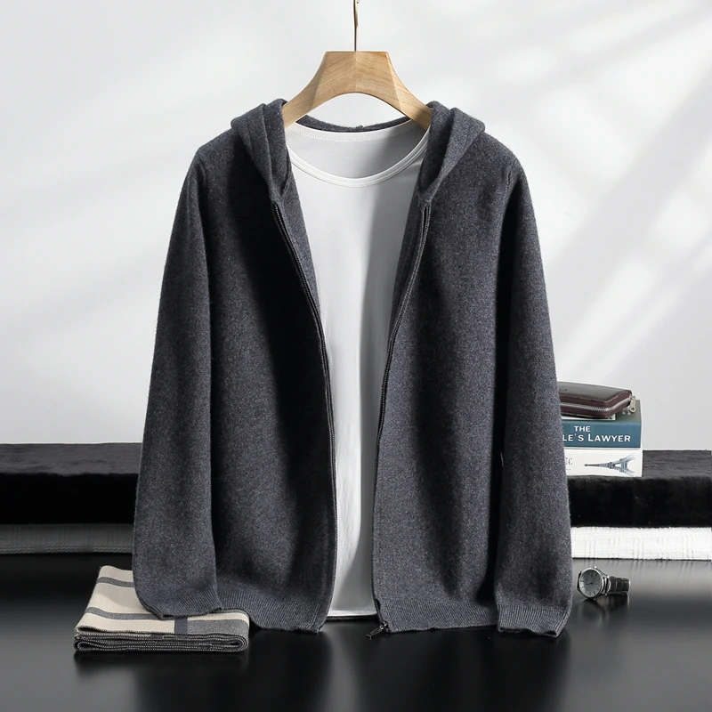 

100% Cashmere Zipper Cardigan Men Hooded Collar Large Size Knit Coat New Thick Loose Jacket Autumn Winter Youth Cashmere Hoodie