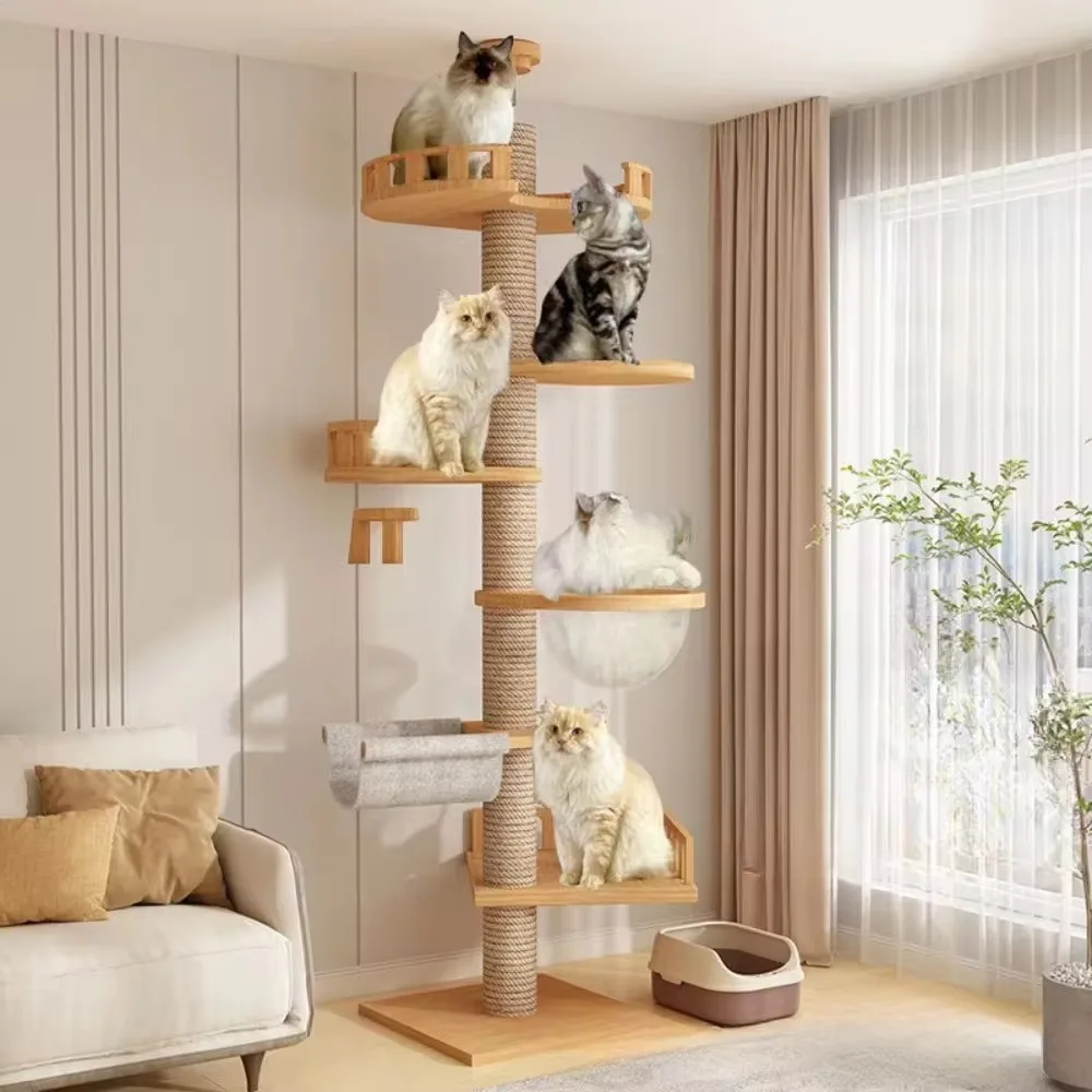 Indoor Cat Climbing Frame Height Adjustable Cats Tower Wooden Cattery Climb Pillar Kitten Scratching Posts Hammock Pet Furniture