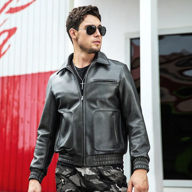 2024 Autumn Winter New Male Black Cowhide Leather Top Vintage A2 Leather Pilot  Jackets Men's Motorcycle Large size Man Coats