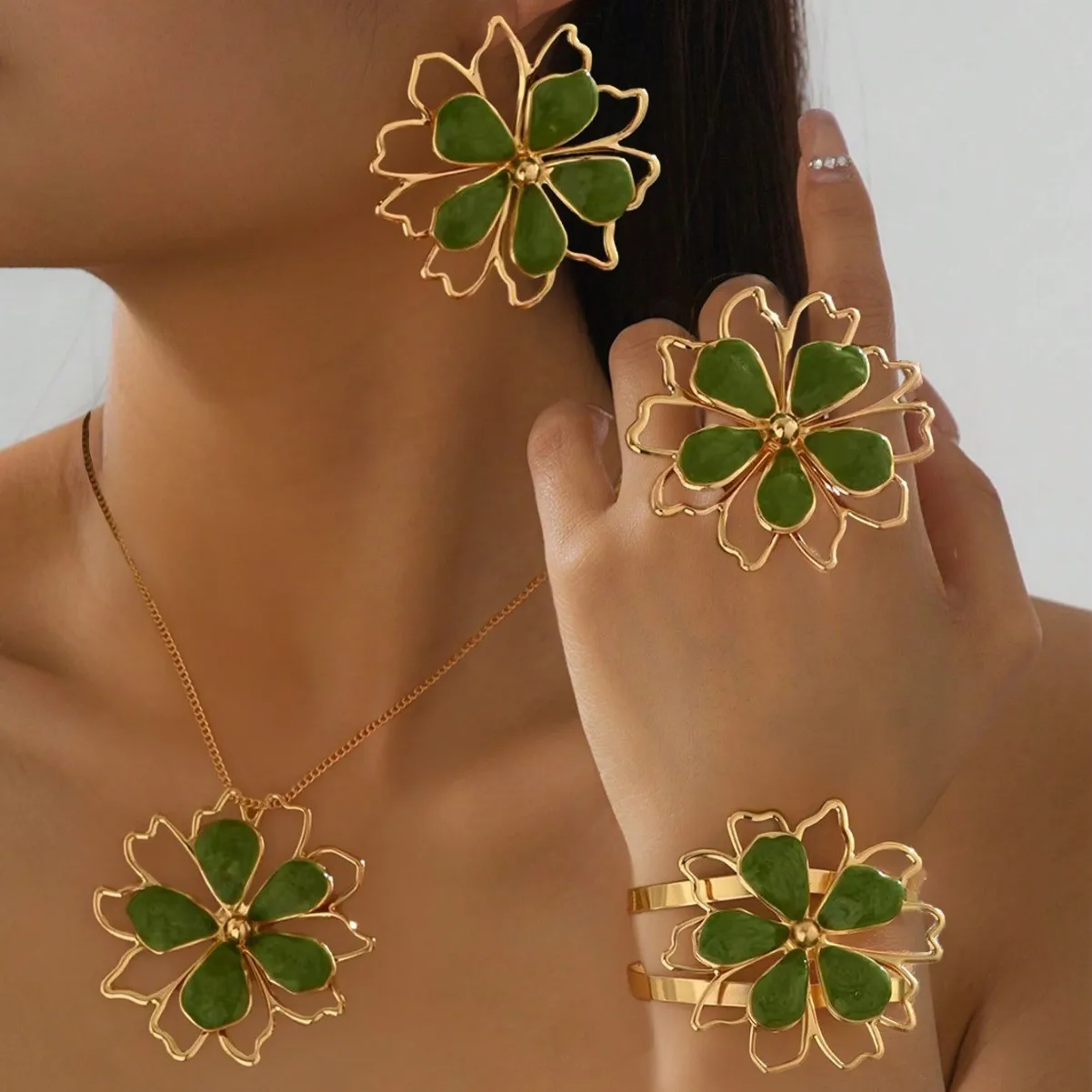 Metal Elegant Embossed Tropical Flower Bracelet, Ring, Earrings, Necklace Set for Women, Holiday Exquisite Temperament Jewelry