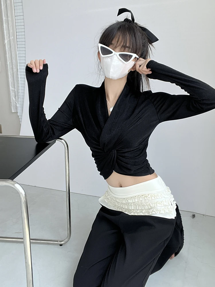 

Sexy Sister Knot Tie Top V-Ne Long Sve ort Футболка Женская весна-лето Дизайн Sense Expose Waist Ladies Faion Trend