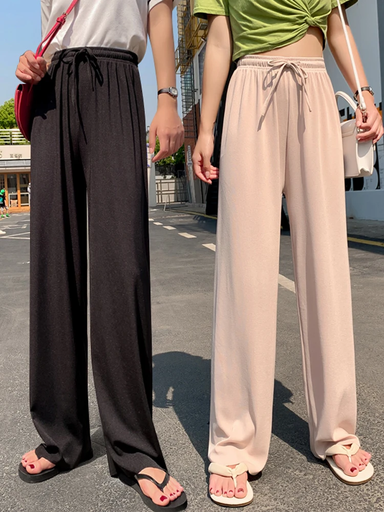 Basic Summer Wide Leg Trousers Women Elesitc Waist Long Ice Silk Pants Casual Loose Lace Up Soft Female Slacks Straight Pants