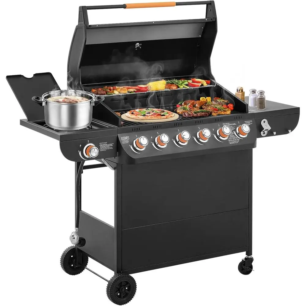 

6-Burner Propane Gas Grill with Side Burner, Porcelain-Enameled Cast Iron Grates, and Bottle Opener for Outdoor Cooking in Patio