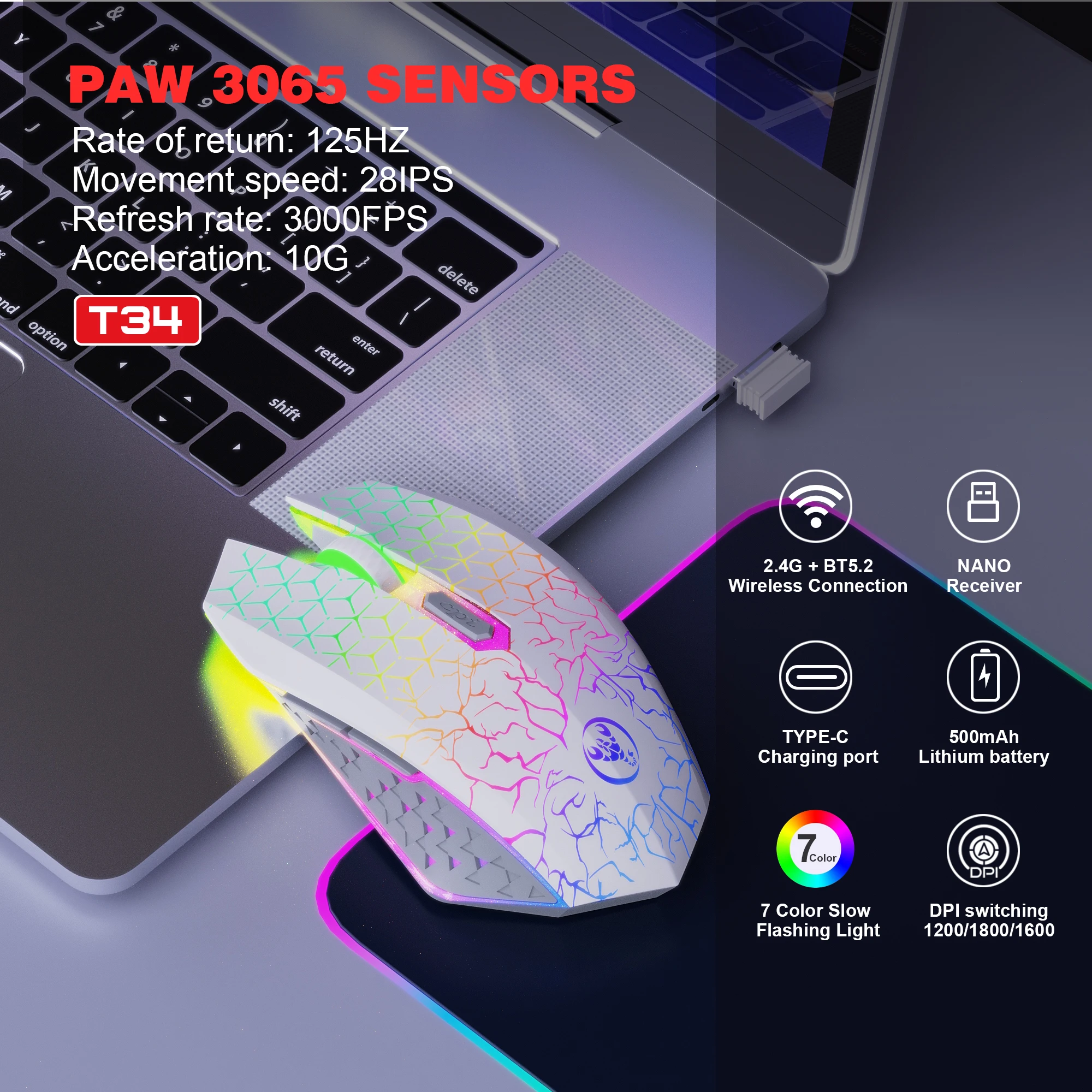 2025 Nuovo HXSJ T34 6D doppio mouse wireless 1600 DPI RGB retroilluminato pulsante muto ergonomia 500mAh mouse da gioco ricaricabile per laptop