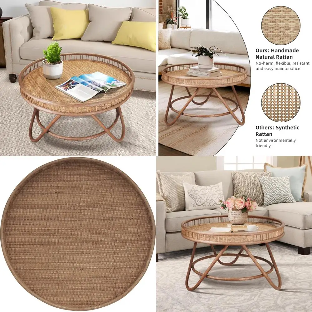 

Round Boho Rattan Coffee Table, Modern Handwoven Wicker Table for Living Room, 32x18 Inches, Brown