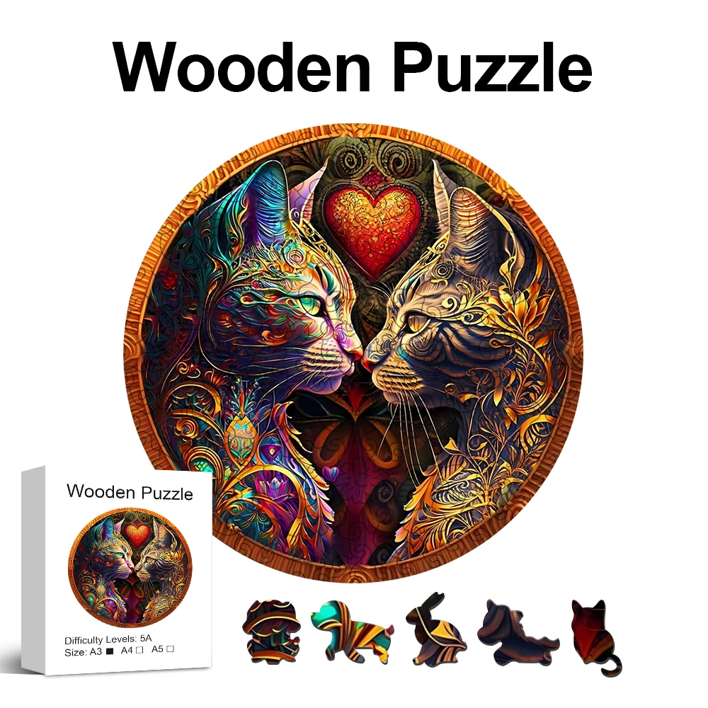 Colourful Cats Wooden Jigsaw Puzzles Art, Unique Animal Shaped Pieces Stress Relieve Toys, DIY Leisure Game for Family, Home Decor