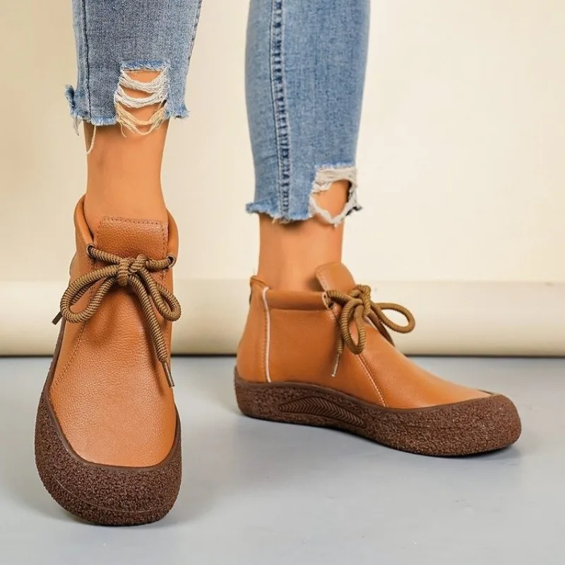 Ladies Bootswinter Fashion Casual Round Head Flat Bottom Short Tube Solid Color Front Lace-up Fashion Boots Work Shoes Plus Size