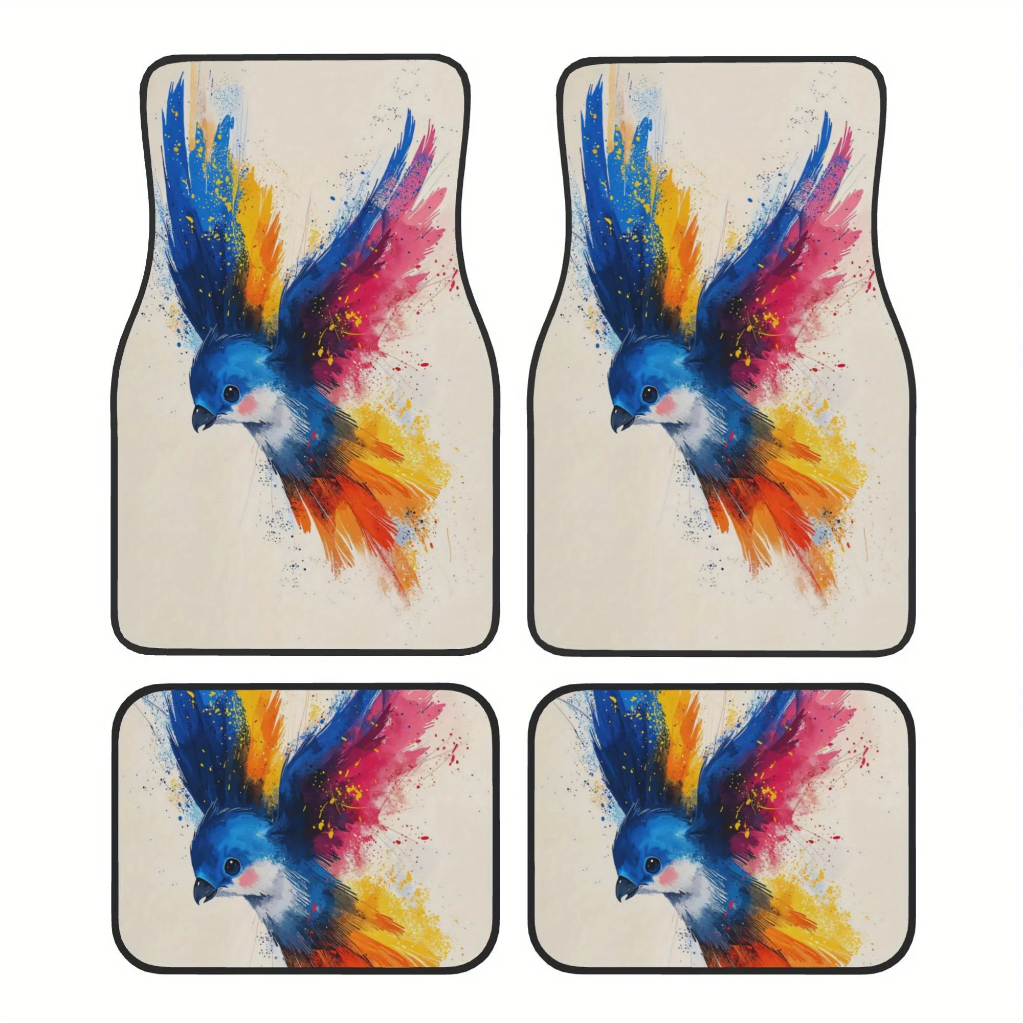 4pcs Brightly Colored Bird Flying In The Air With Its Wings Spread Pattern Universal Car Floor Mats - Polyester Material, Non-Sl