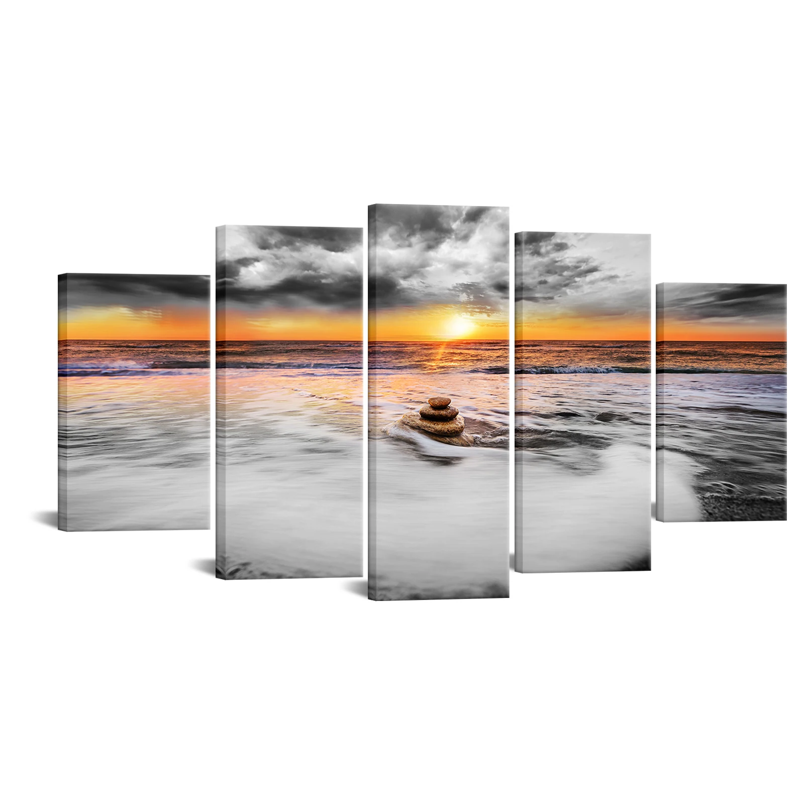 5 Pieces Beach Landscape Posters Wall Art Sunset Over Ocean Print Canvas Art Modern Style Pictures Living Room Home Decor