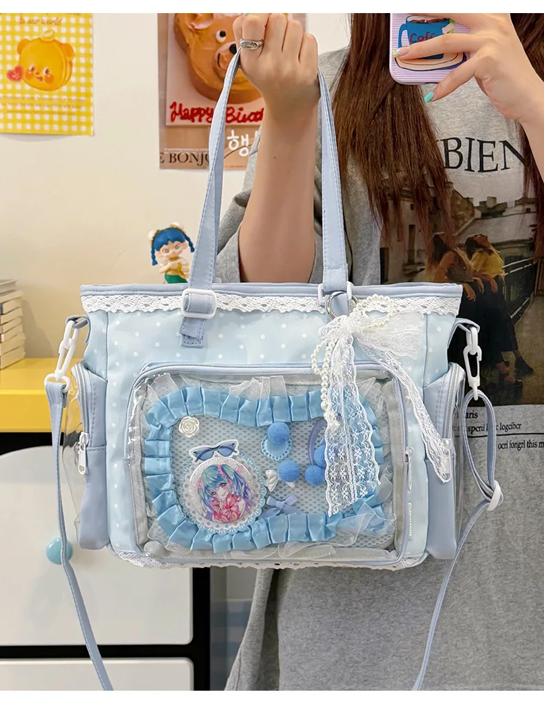 Neue Kawaii Leichte Umhängetasche Anime Transparente Ita-Tasche Damen Schulter-Crossbody-Tasche Modische Polka-Dot-Schleifen-Tragetasche – Detail 19