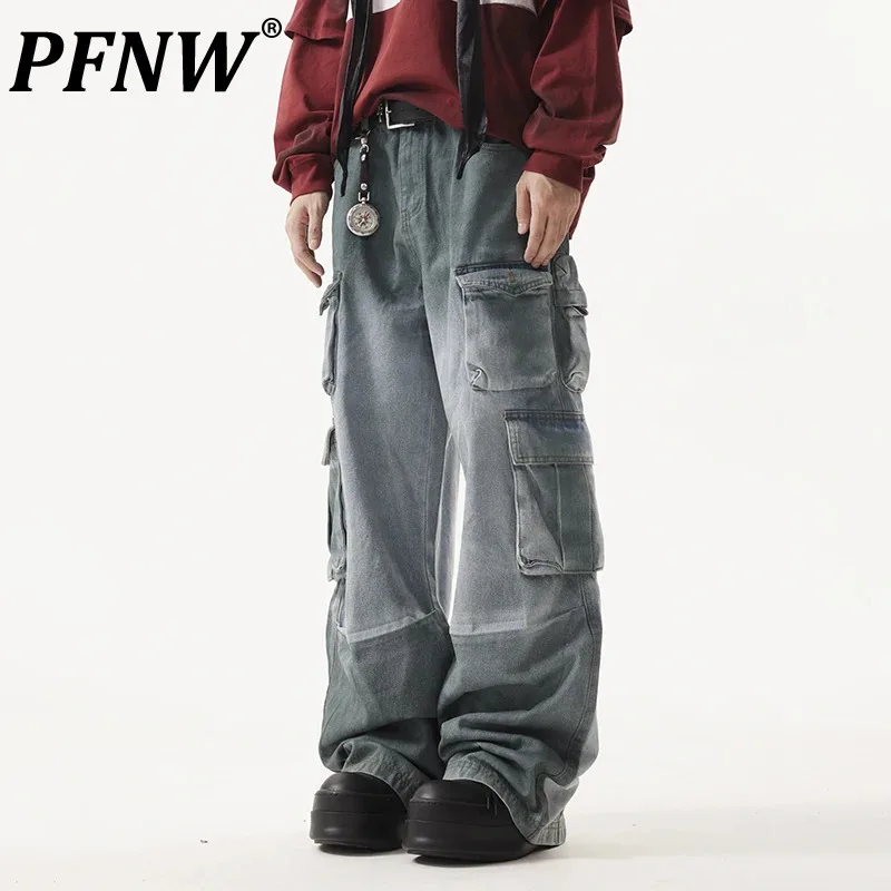 

PFNW American Vintage Gradient Multi Pocket Jeans Men's High Street Washed Loose Straight Wide Leg Pants New Autumn Chic 28W4944