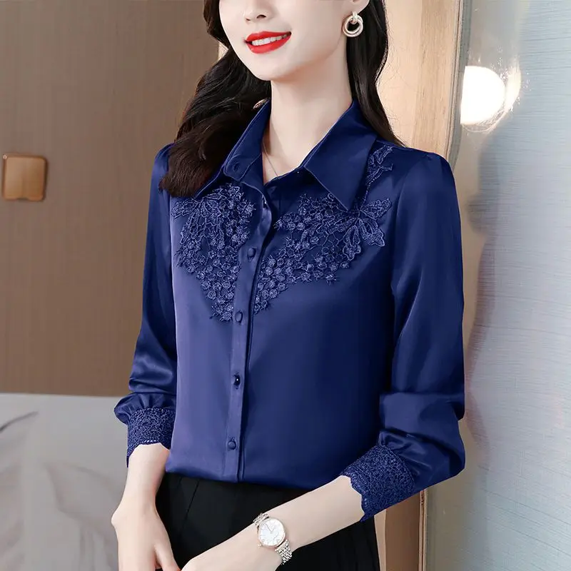 Blusa emendada com bordado de renda, single-breasted, roupa feminina, camisa de comutar vintage, gola virada para baixo, elegante, primavera,