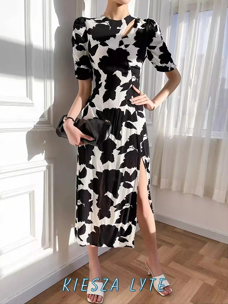 White Beach Dress New Chinese Style Vintage printing Watercolor Dress vestidos verano moda 2024 Slim Waist Sexy Dress for Women