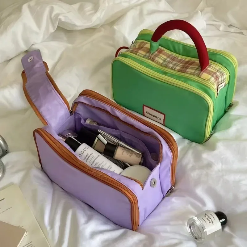 New Cute Women's Bag Splicing Cosmetic Pouch Convenient Travel Cosmetics Storage Bag Large Capacity Handheld Makeup Bag