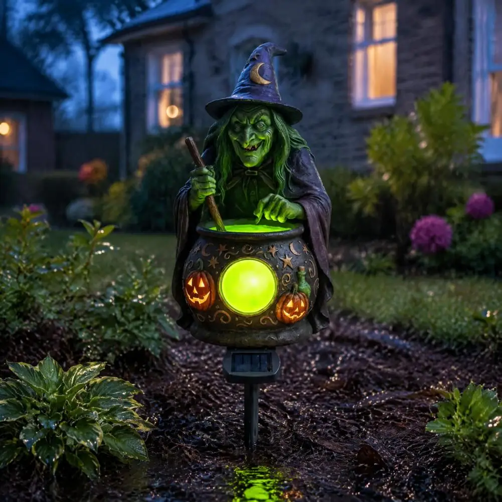 Glowing Resin Garden Figurines Solar Witch Cauldron Garden Stake Light Waterproof Resin Glowing Figurine Statue Halloween