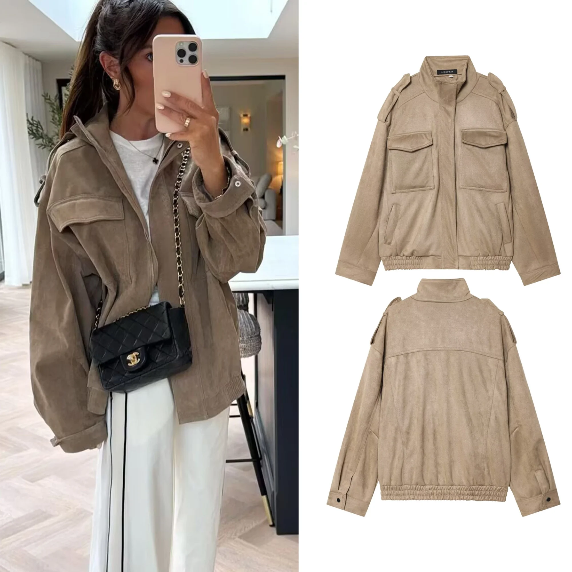 

Женская осенняя уличная модная замшевая текстурированная кожаная куртка, пальто, однотонное пальто с длинными рукавами, высоким воротом и карманами, женские винтажные пальто